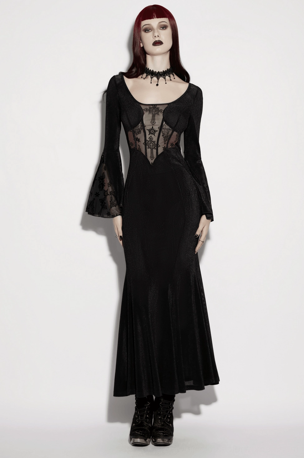 Gothic black mesh fishtail dress three-quarter view displaying cross bodice design and flowing dramatic skirt