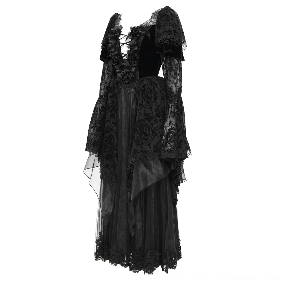 Three-quarter view of black gothic dress highlighting velvet bodice, bell sleeves, and detailed lace-up back construction