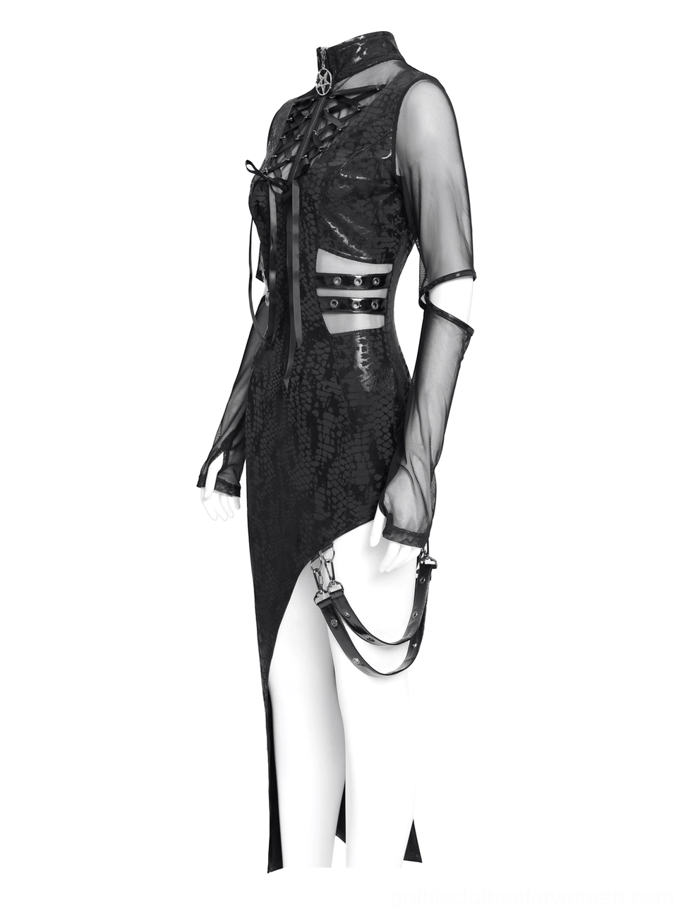 Black gothic asymmetrical dress three-quarter side view with waist belt straps, leg harness, and mesh sleeves on mannequin