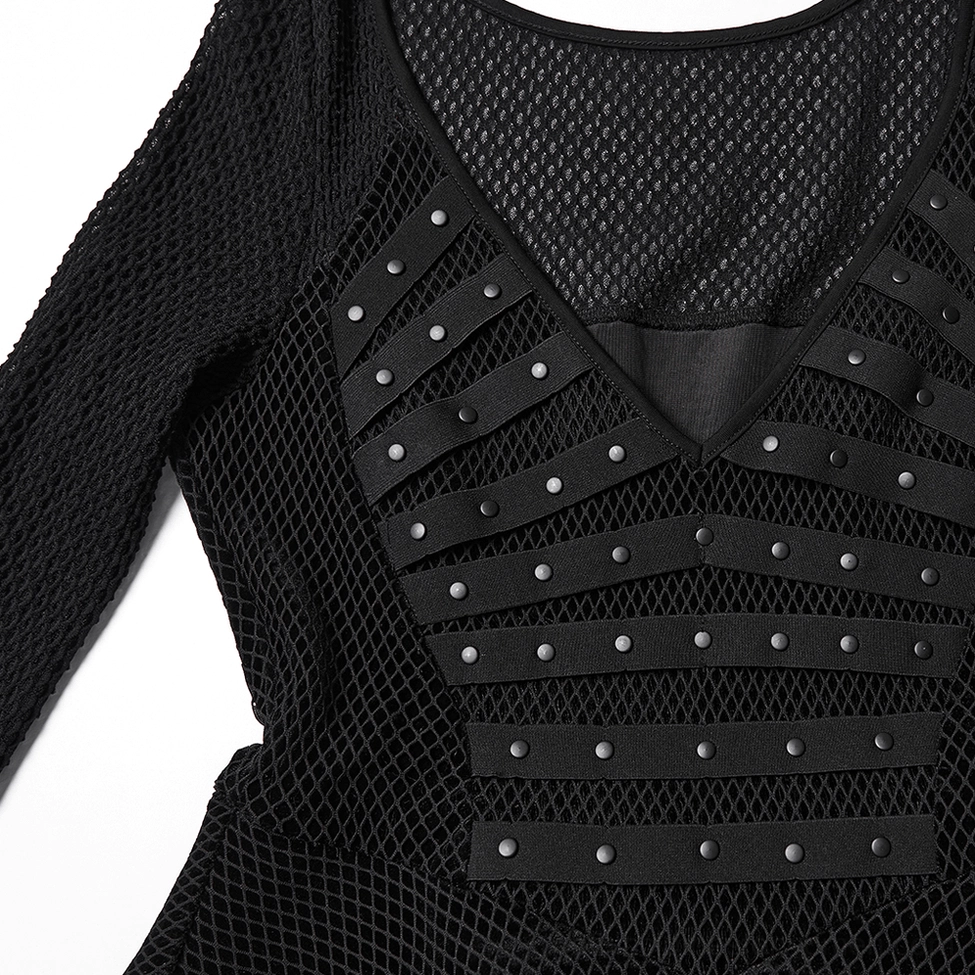 Close-up detail of black mesh dress torso showing horizontal rivet strips and fishnet mesh fabric