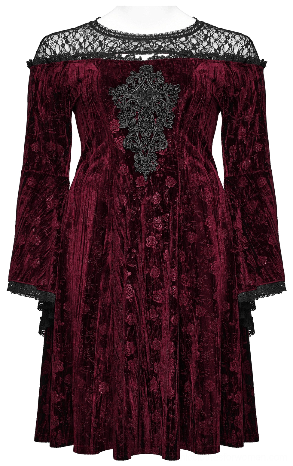 Gothic velvet dress product view featuring dramatic trumpet sleeves with structured cuffs