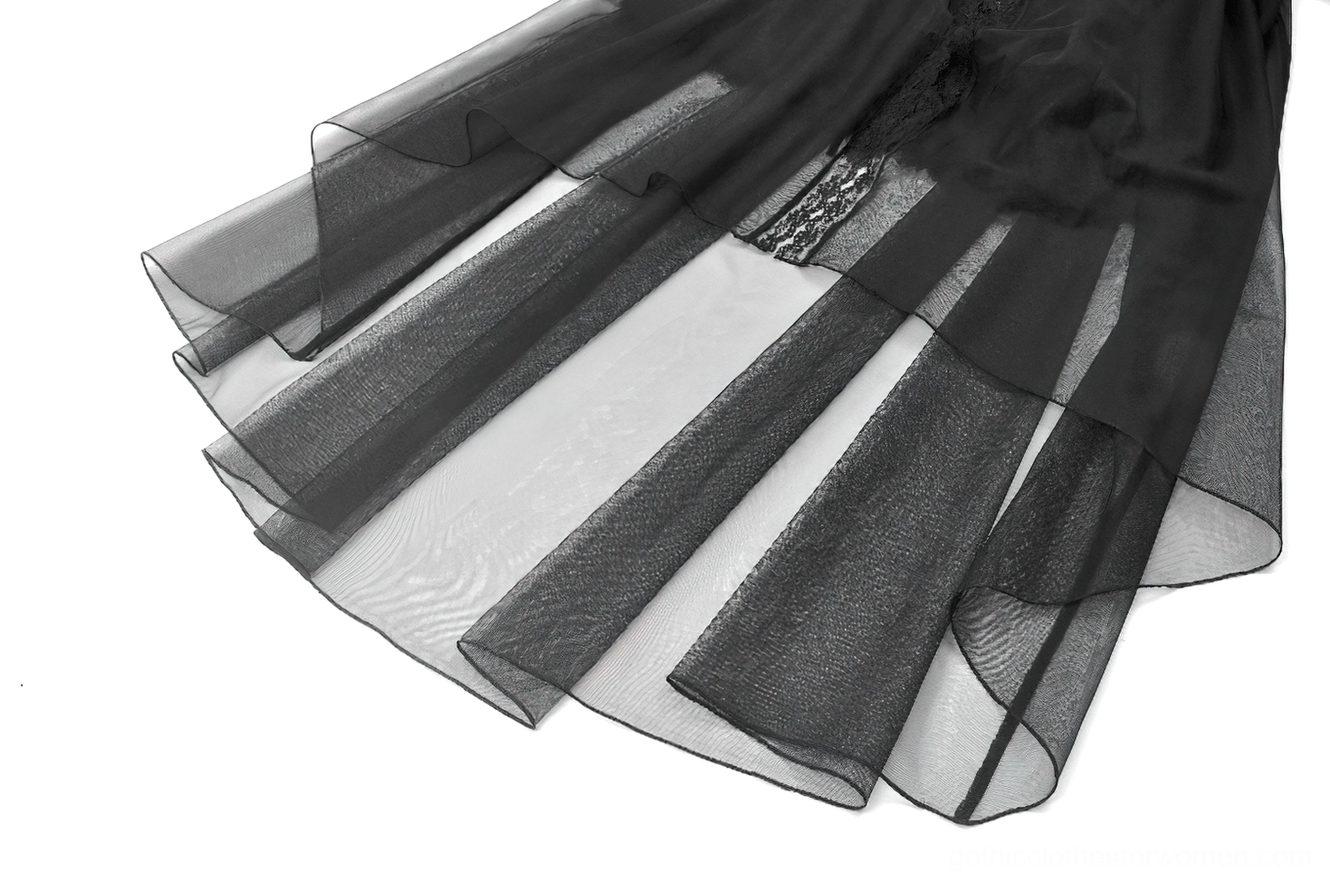 Gothic dress layered sheer tulle skirt and flowy split hem close-up