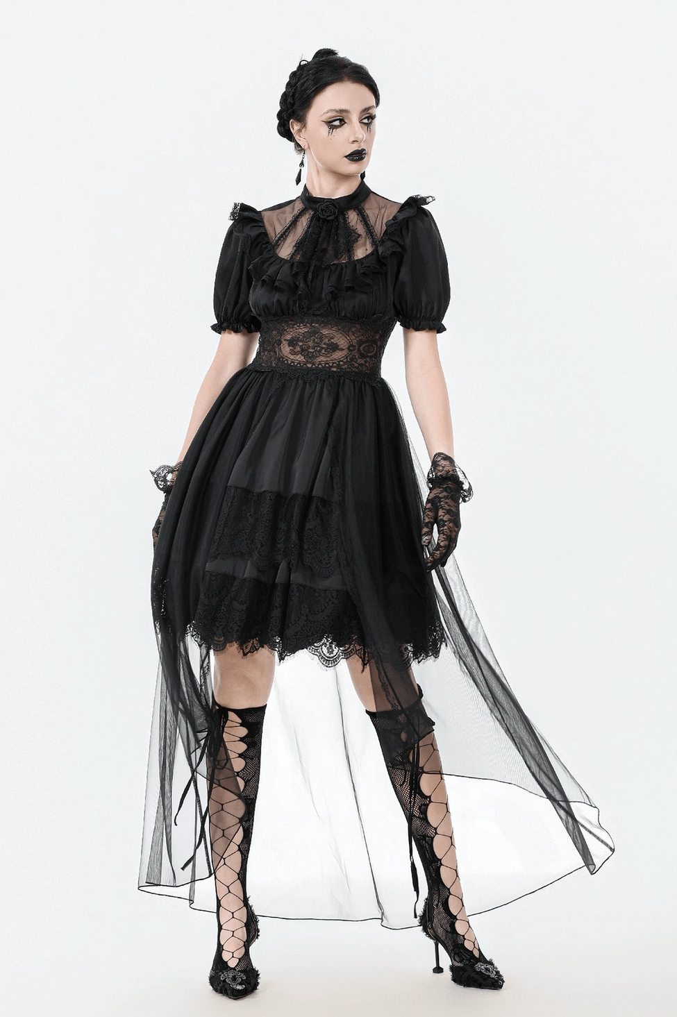 Black gothic high-low dress complete back view tulle train flowing design