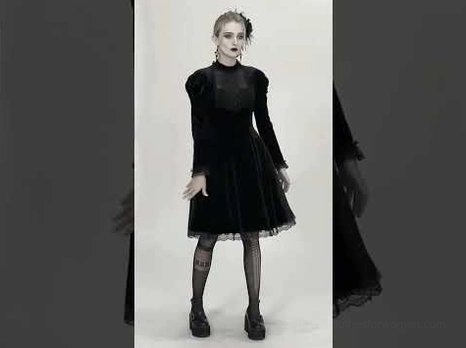 Gothic black velvet midi dress styled with fishnet stockings - front view with detail crop previews