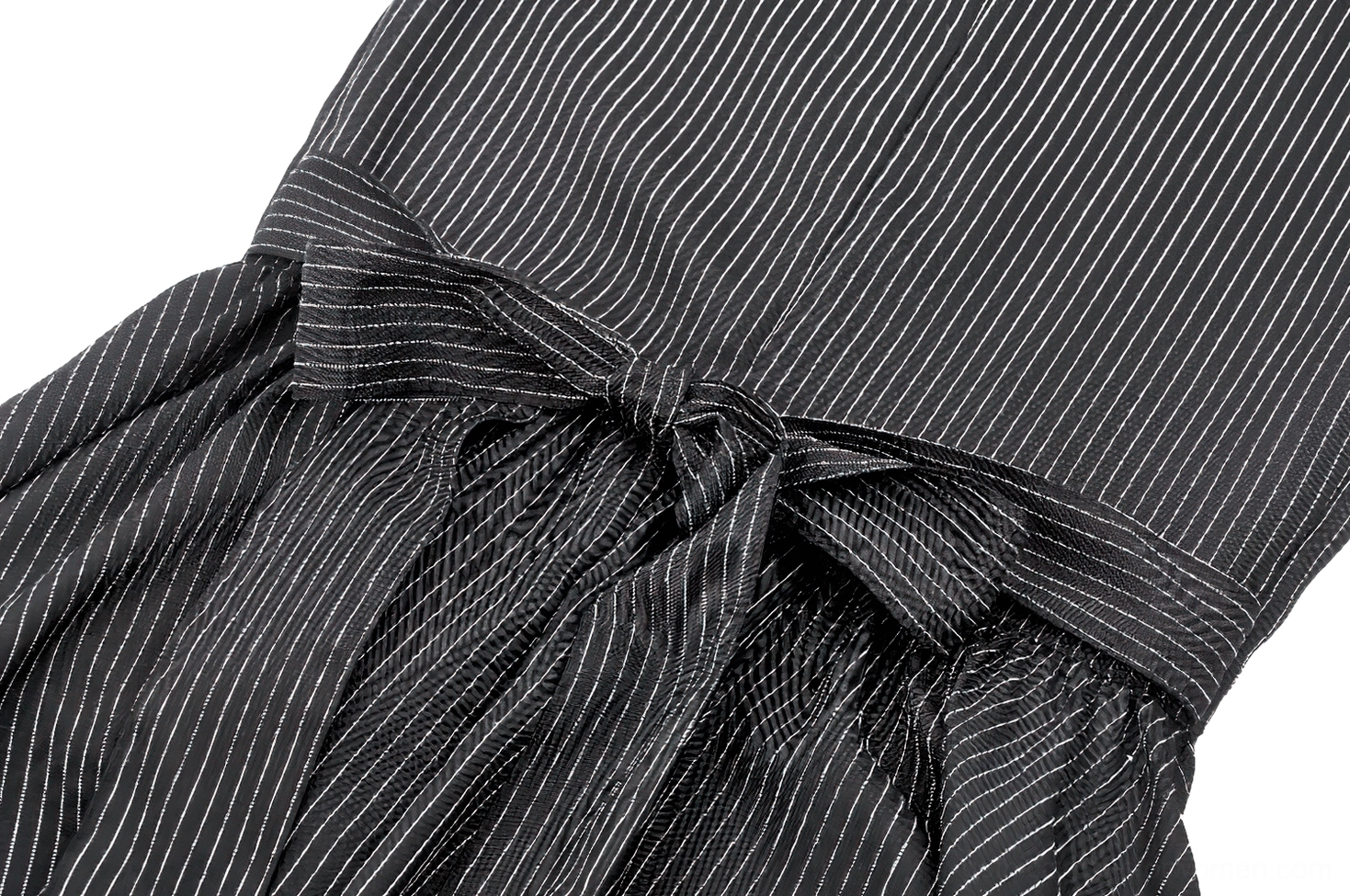 Close-up top view of black gothic dress fabric waist sash bow with neat stitchwork and pinstripe pattern