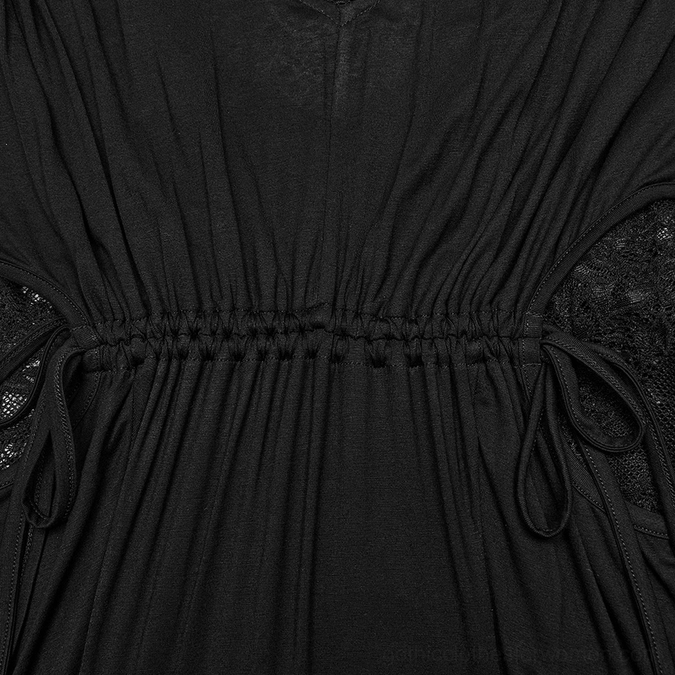 Waist detail of black gothic maxi dress showing ruched drawstring construction and lace side inlay