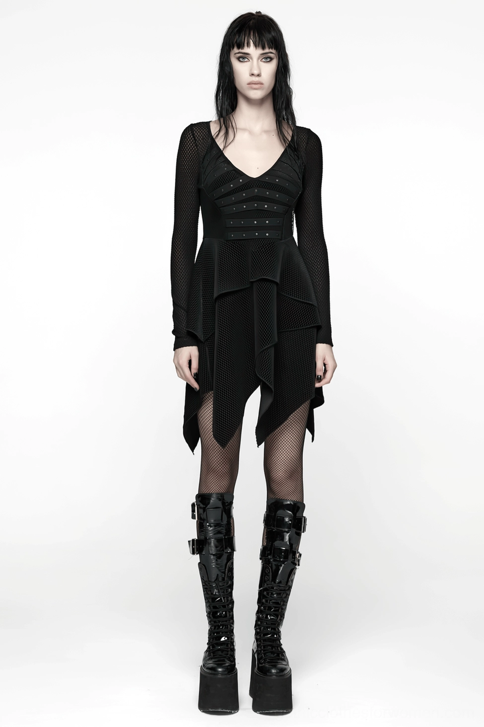 Black mesh gothic dress detail showing rivet waist embellishments and fitted waistline shaping