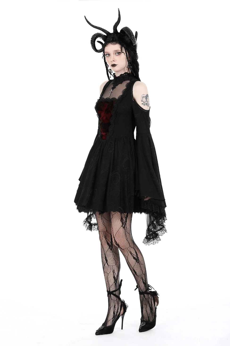 Black gothic lace dress waist and skirt detail - tailored fit and ruffled hem