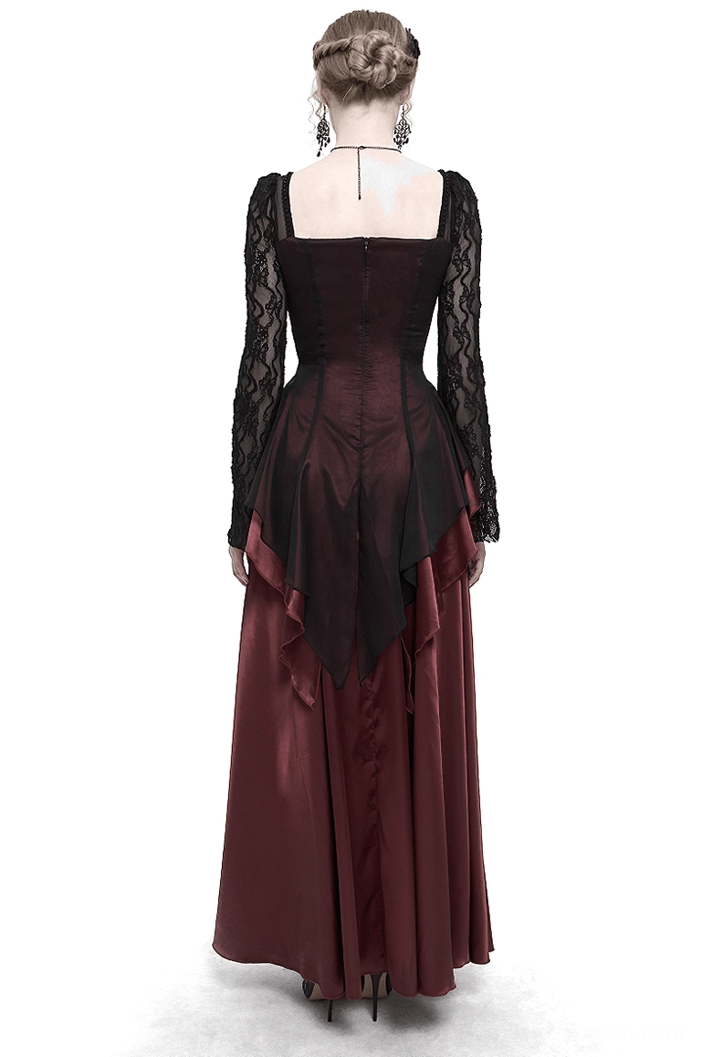 Gothic wine red dress rear view showing low square back and lace sleeve detail