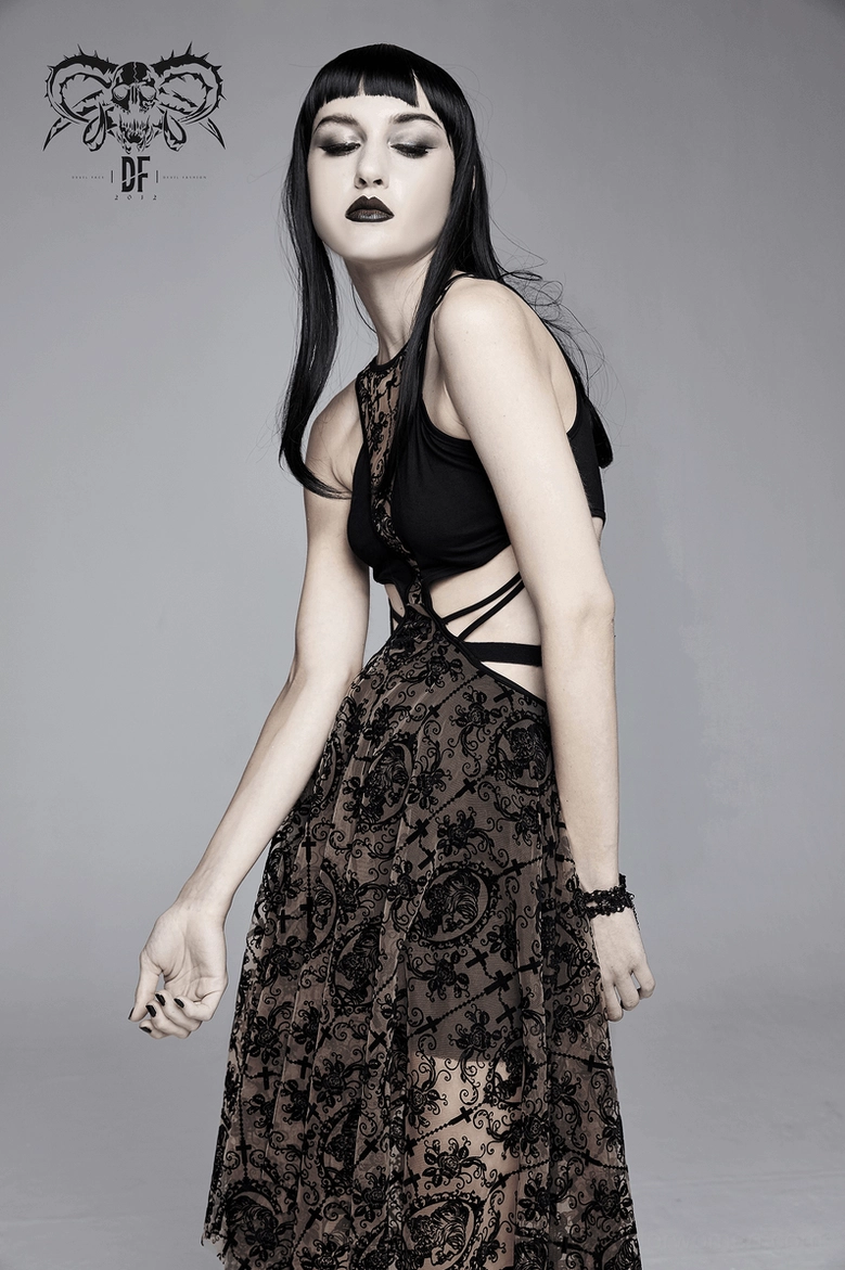 Asymmetrical gothic vintage dress worn styling - alternative fashion ensemble showcase