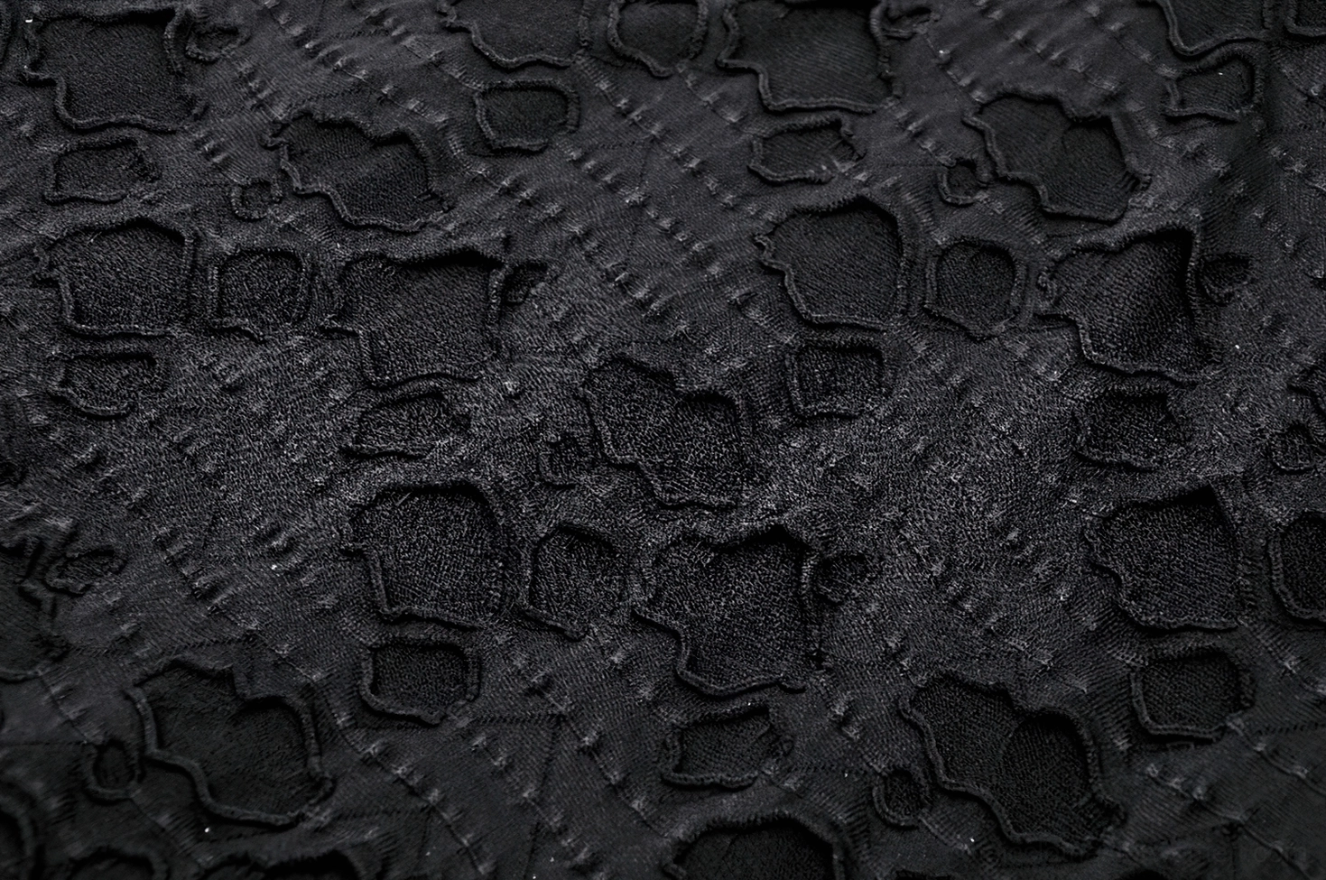 Macro close-up of black lace gothic dress hardware showing silver front zipper and pyramid studs on distressed lace