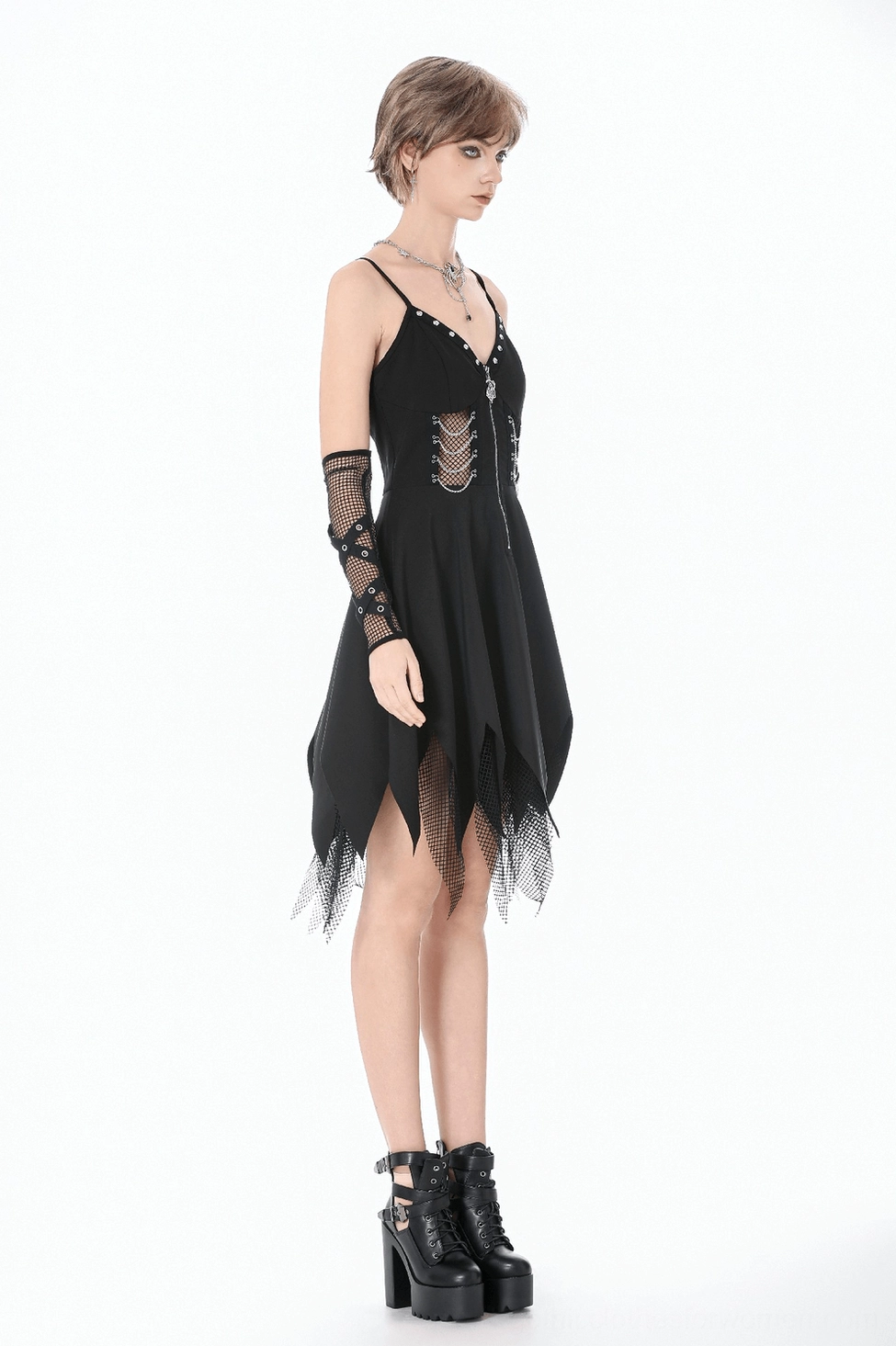 Black gothic mini dress close-up of front zipper and studded neckline details, highlighting the dress's edgy punk-inspired design elements