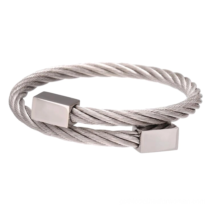 Dual cable stainless steel gothic cuff bracelet with square metal accents, silver twisted design alternative fashion jewelry
