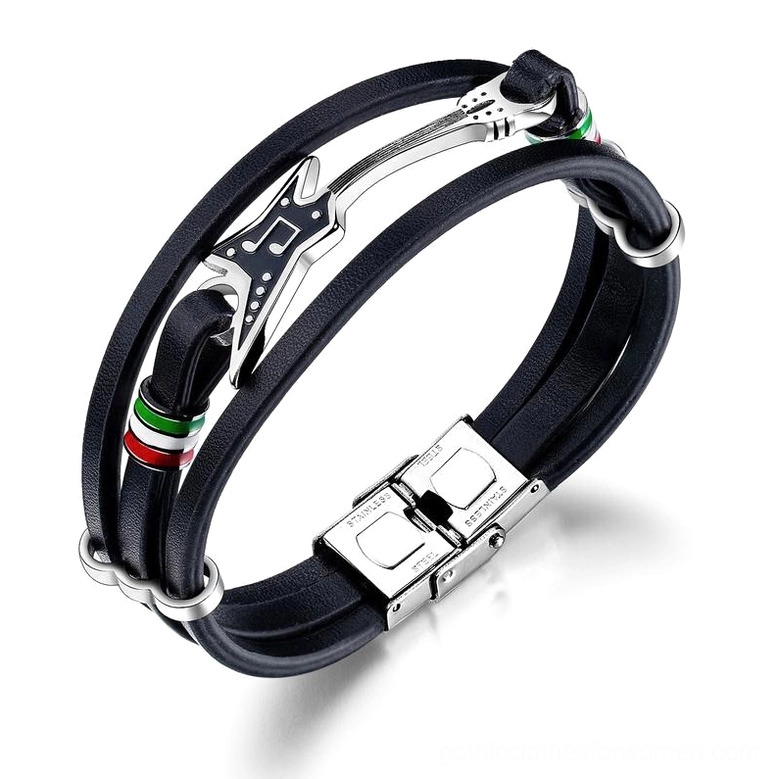 Dual layer gothic leather bracelet with electric guitar stainless steel charm, overhead angle