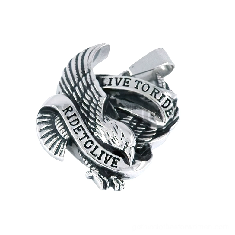 Dark gothic eagle ring with pendant loop detail and embossed eagle motifs, oblique angle view