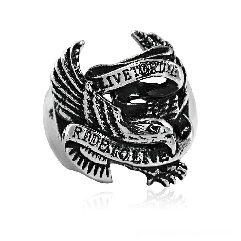 Gothic eagle stainless steel biker ring with detailed engraved feather design and decorative text banners, overhead front view