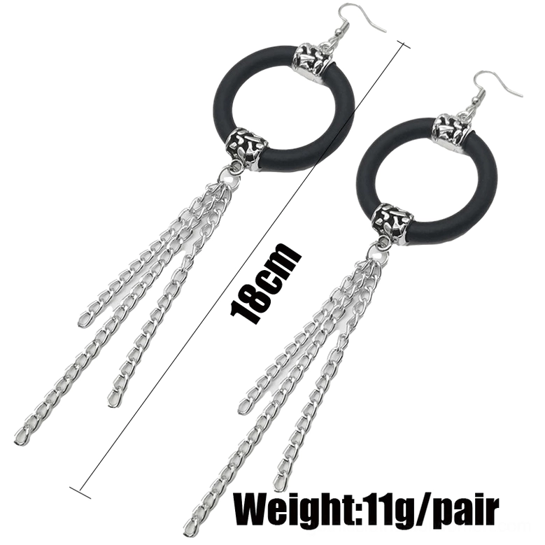 Long black rubber drop earrings with silver tassels, flat lay with size measurements, 18cm length gothic jewelry