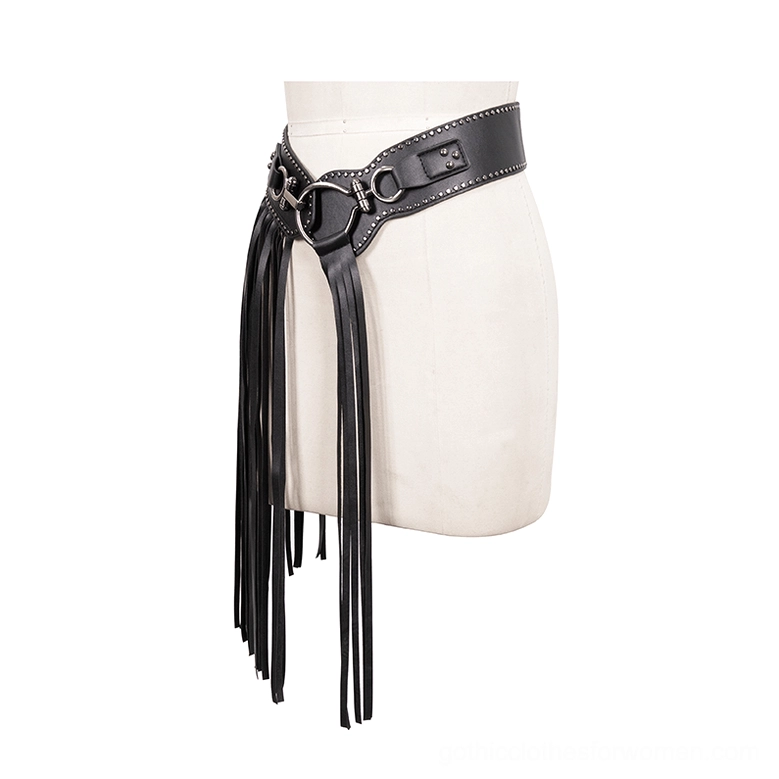 Women's black elastic waist gothic belt side profile on dress form highlighting partial tassel decorations and solid leather strap construction