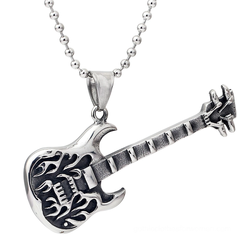 Electric guitar pendant necklace with flame carving and ball chain - front oblique view showing stainless steel gothic rock jewelry