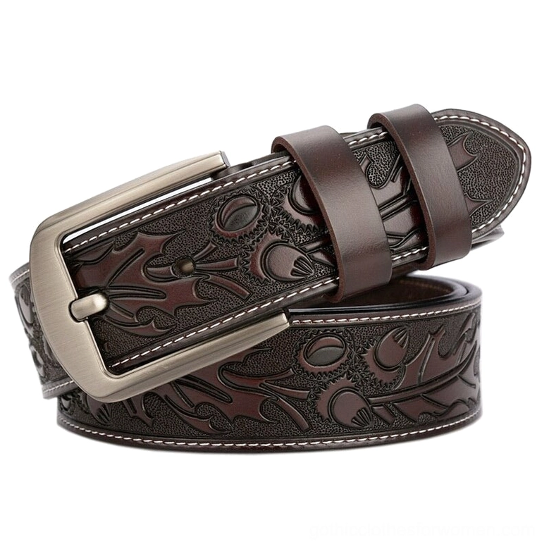 Gothic embossed leather belt worn styling reference, showing how ornate design complements dark aesthetic fashion