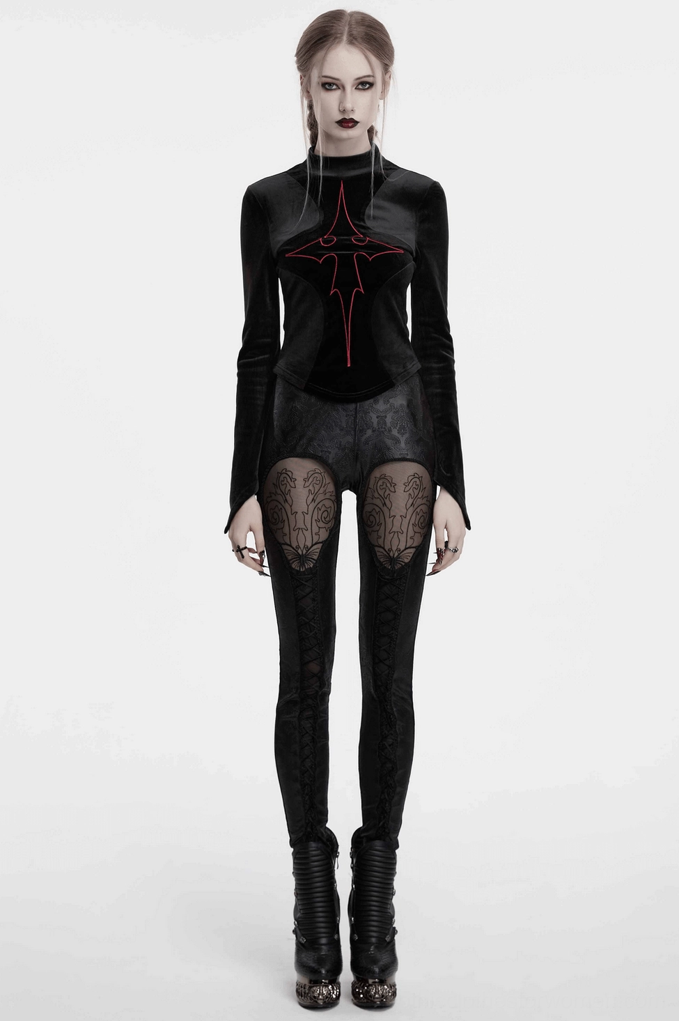 Gothic embossed leggings with decorative lace-up front, lifestyle product shot