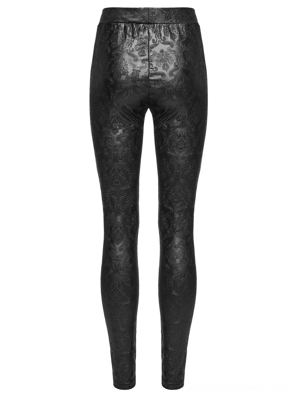 Black gothic embossed leggings rear panel, flat lay back view with high waistband detail