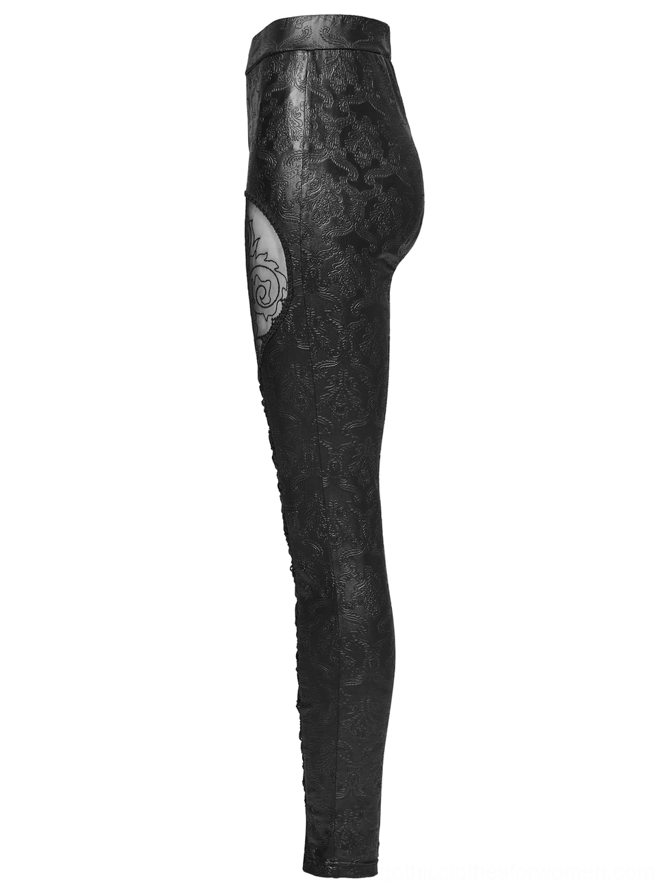 Form-fitting gothic embossed leggings, side flat lay showing mesh hollow out design