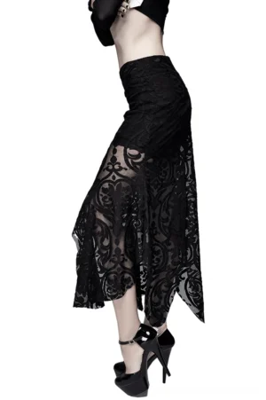 Gothic black skirt with transparent ruffles and damask pattern, side profile view