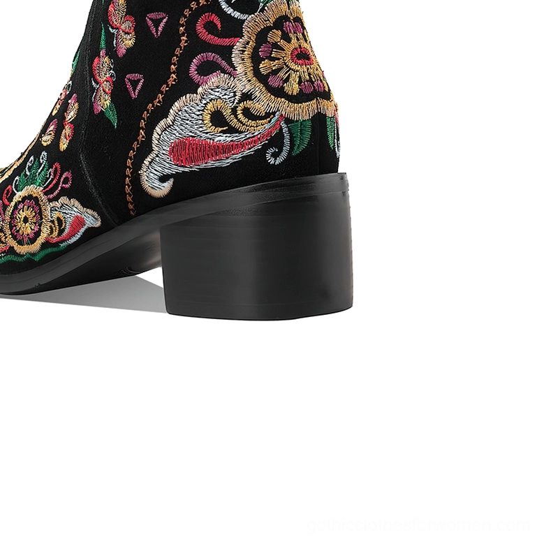 Close-up of gothic boot heel and shaft, featuring chunky block heel construction and ornate embroidered patterns