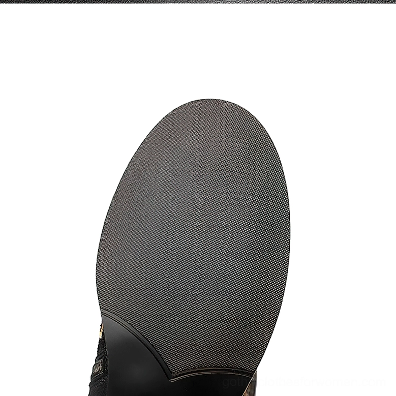 Gothic knee-high boot non-slip rubber outsole, textured sole design for secure traction, top-down view