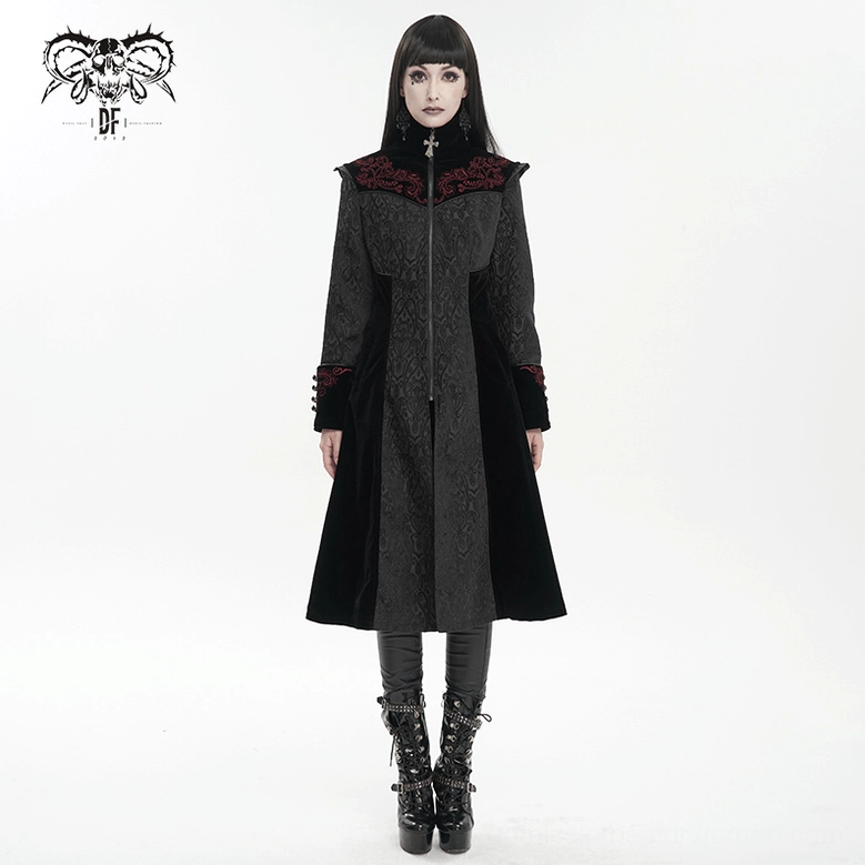 Gothic embroidered coat full product flat lay, showing all design elements including stand collar, floral embroidery, and hem splits