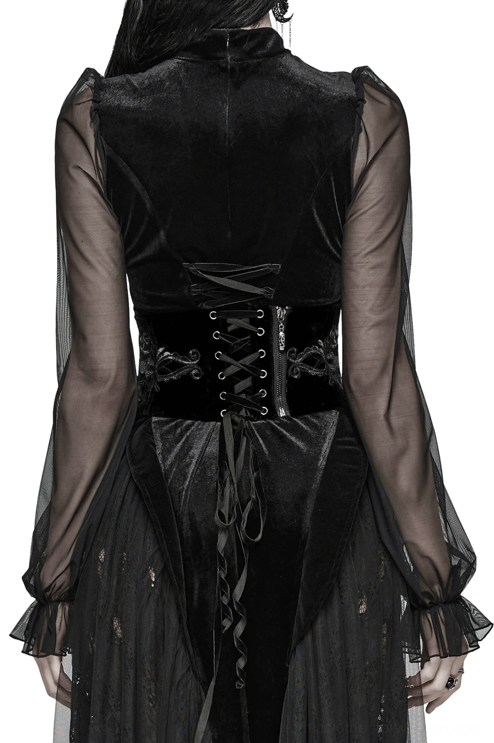Black gothic corset belt back view on model featuring lace-up closure and embroidered velvet details