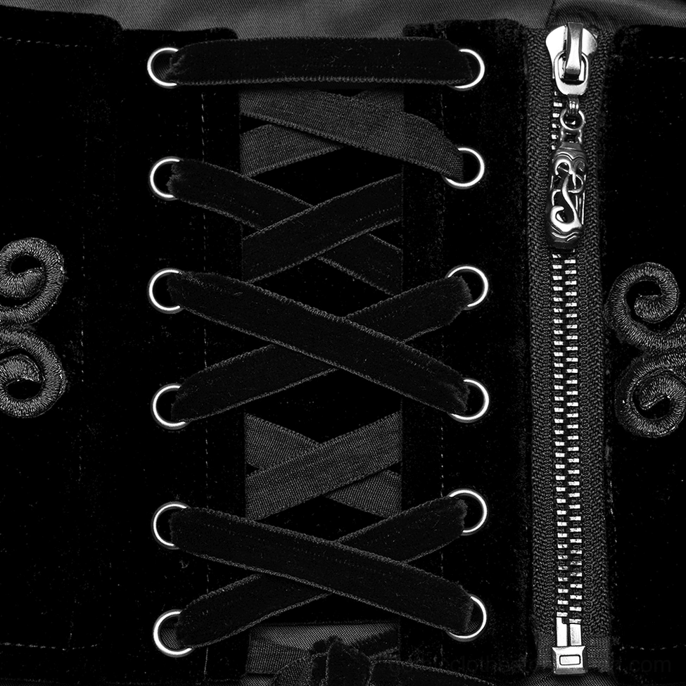 Black gothic embroidered corset belt detail shot highlighting premium velvet fabric and ornate stitching patterns