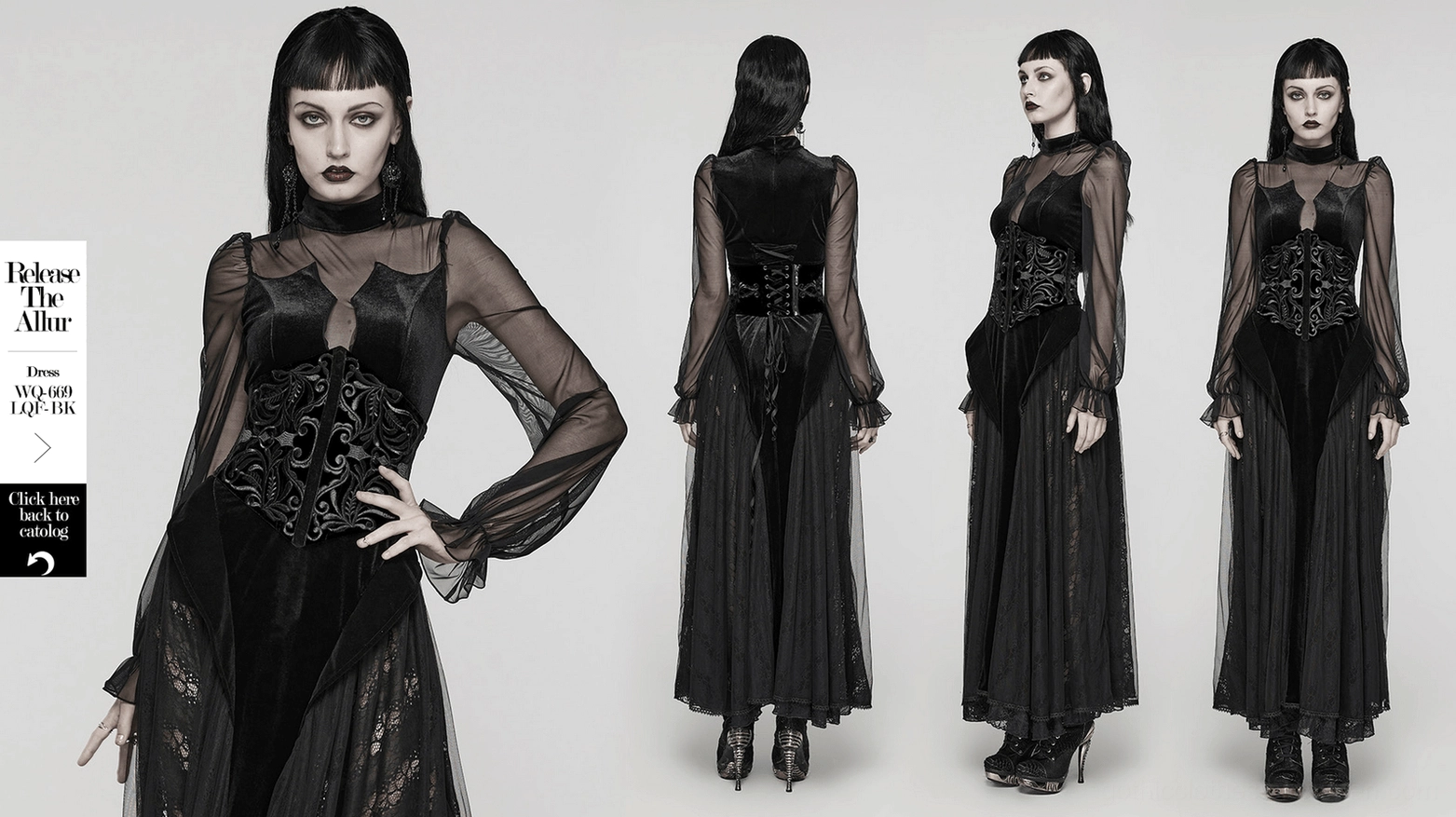 Full product view of black gothic embroidered corset belt with ornate baroque floral design and closure details