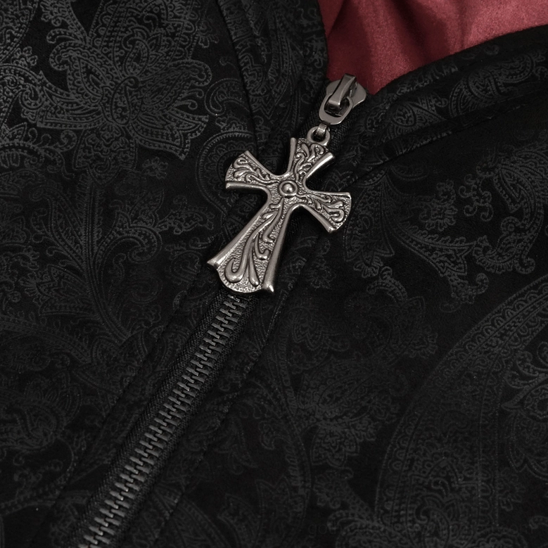 Black gothic embroidered crop top full-length view on display form, showcase of cross zipper and flared sleeves
