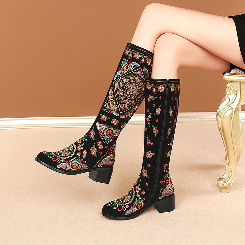 Black gothic embroidered knee-high boots with bonded leather insole and block heel, comfort and style construction details