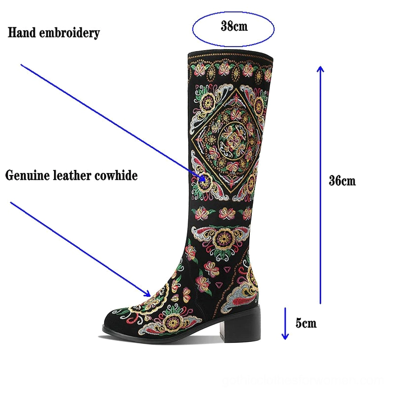 Gothic embroidered knee-high boots with size annotations, genuine cowhide leather construction, thick 5cm block heel side view