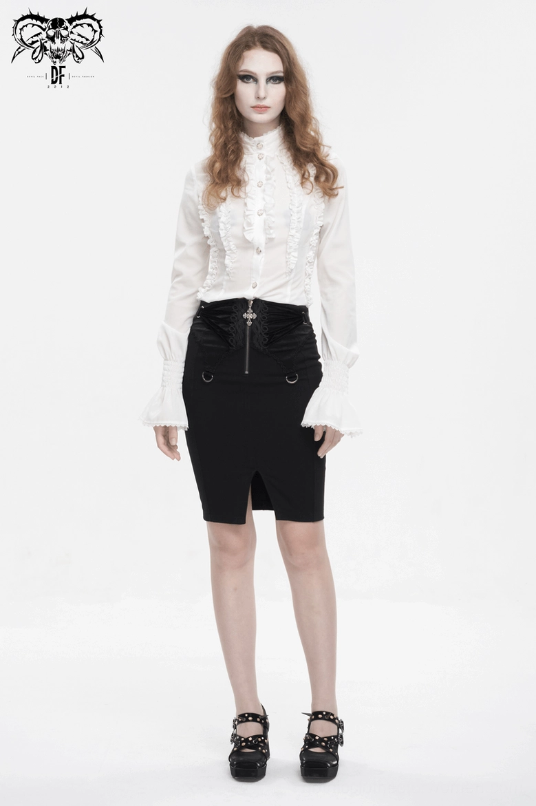 Black gothic pencil skirt flat lay product photography showing overall silhouette and embroidered front panel