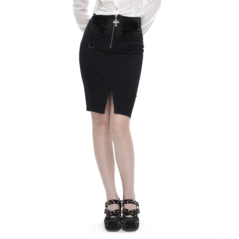 Black gothic pencil skirt with embroidered front slit worn by model with platform heels, front view studio photography