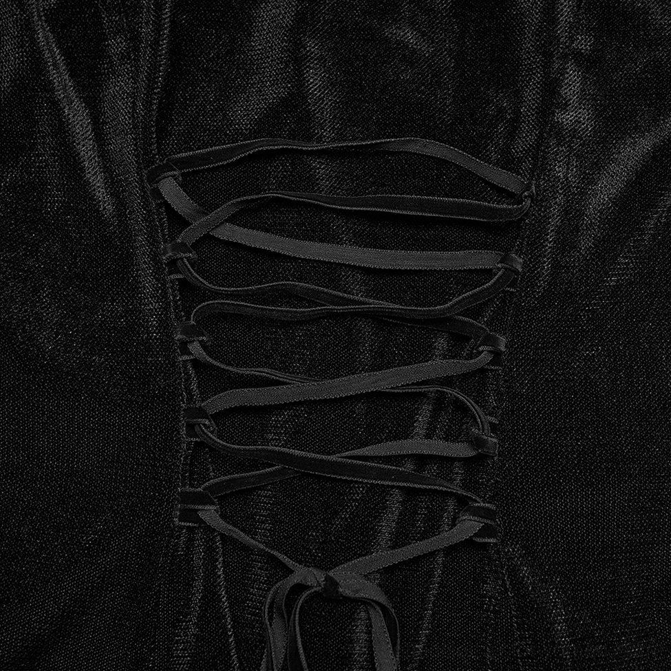 Detailed view of black ribbon lace-up closure and soft velvet fabric texture on gothic embroidery top