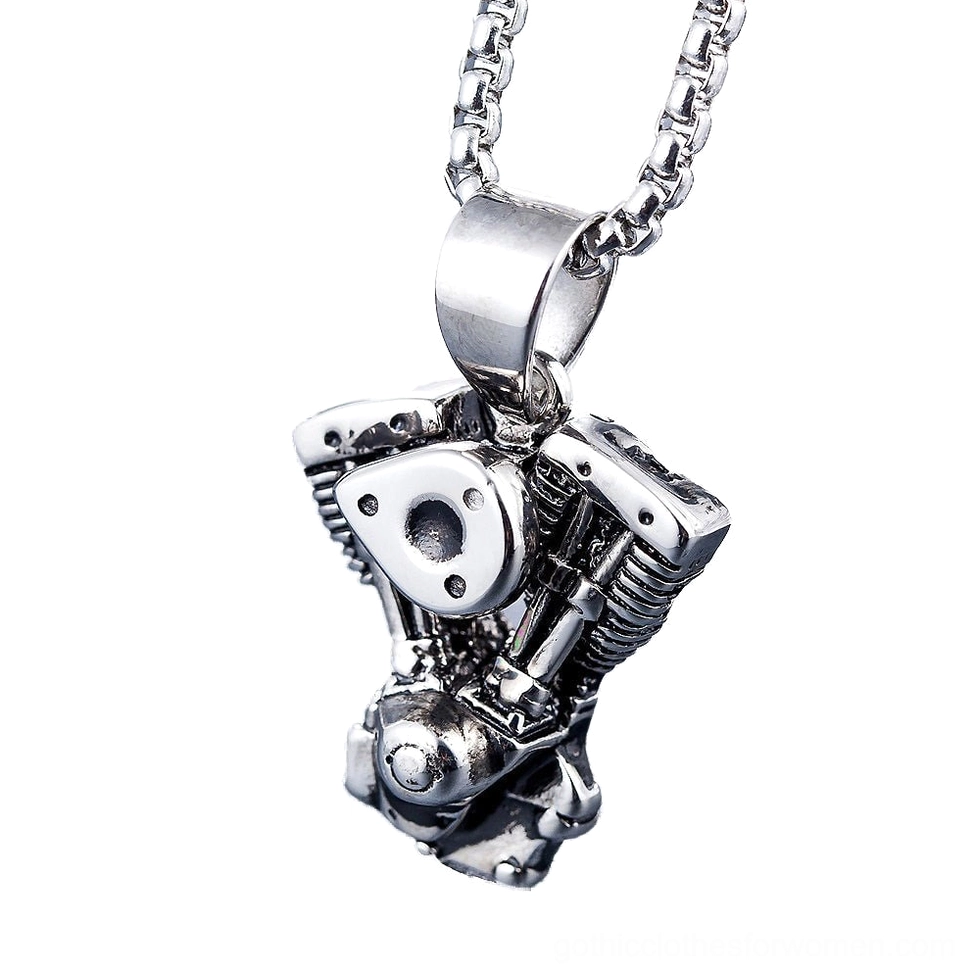 Overhead oblique view of gothic biker engine pendant displaying detailed mechanical structure and textured surface craftsmanship