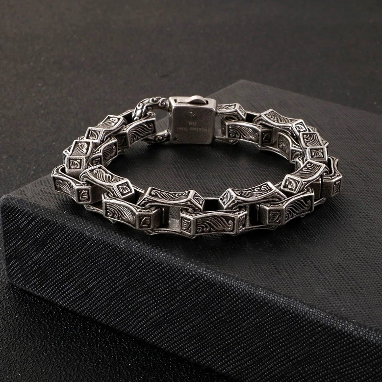 Gothic engraved stainless steel bracelet size comparison showing three available length options