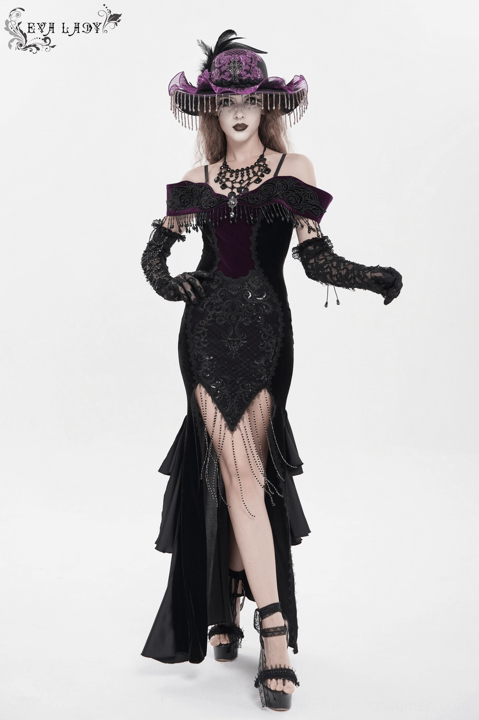 Gothic evening dress complete styling with dark makeup and gothic accessories coordination