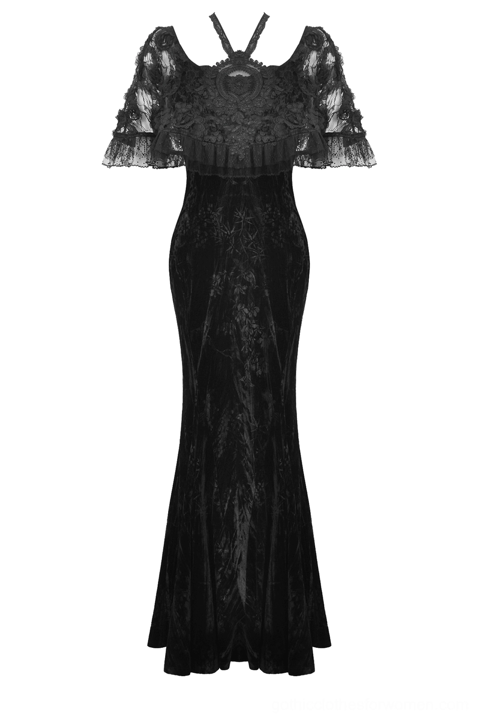Black gothic evening dress halter neckline with lace cape overlay, flat lay back view