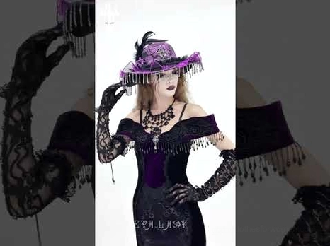 Gothic dress styling details including model portrait lace gloves ornate necklace and beaded accessories