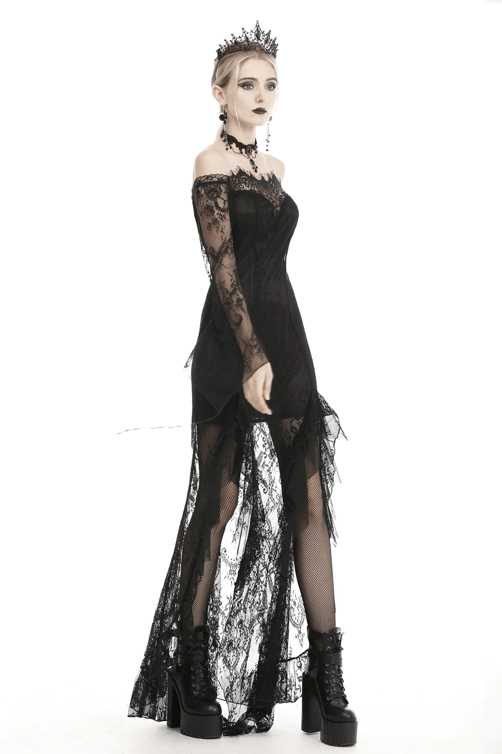 Alternative angle of black lace off-shoulder gothic evening dress with flowing hemline