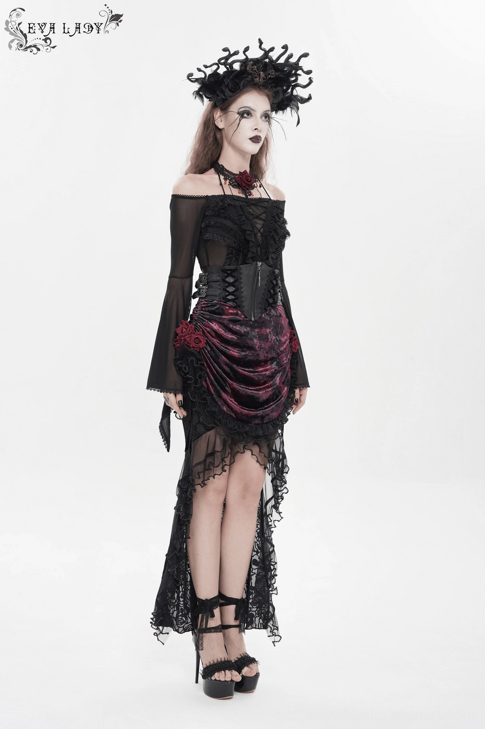 Gothic evening wear maxi skirt with velvet construction and elegant corset waistband detail