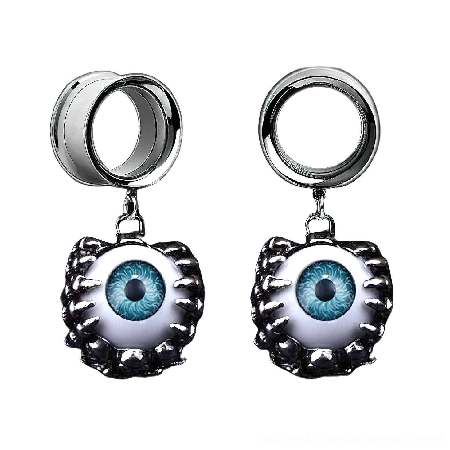 Pair of gothic eyeball ear tunnels with blue iris and spiky frame in surgical steel, frontal studio view