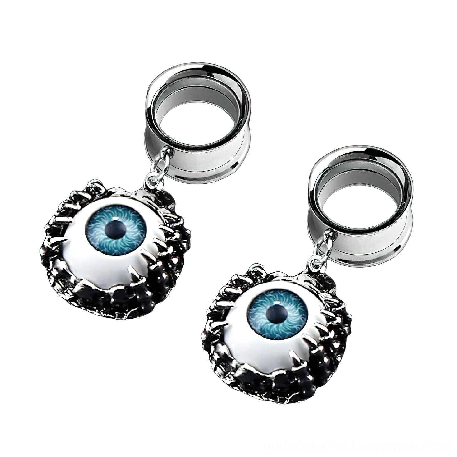 Pair of gothic eye ear tunnels with dangling eyeball charms and silver surgical steel construction, angled flat lay