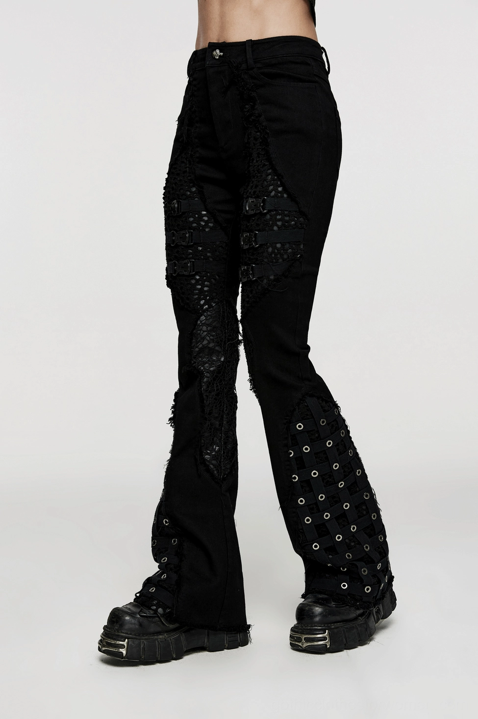 Black eyelet gothic denim flare pants full body front view on model